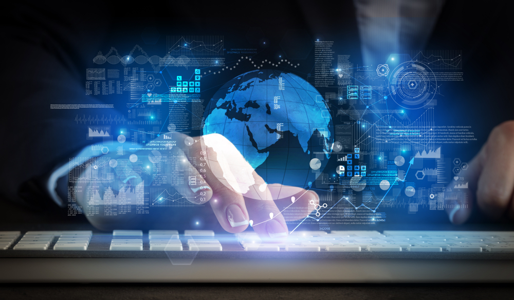 Business woman typing on keyboard with global system concept-1 Business woman typing on keyboard with global system concept-1